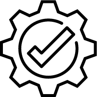 Vector line graphic of a gear with a checkmark in the middle